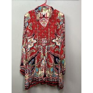 Patrons Of Peace Tunic Shirt Womens Medium Red Boho Paisley Pockets Rayon Floral